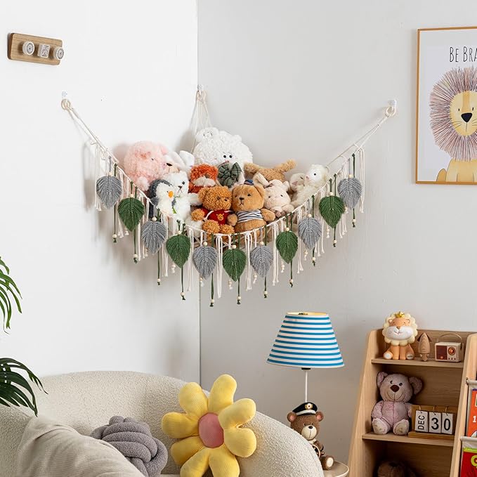 Pretty Jolly Macrame Stuffed Animal Hammock with Beads Hand Woven Leaf Tassels Corner Hanging Net Boho Plush Holder for Toys Kid Room Nursery Deco Organizer for Girls Gift(Sage Green&Avocado Green)