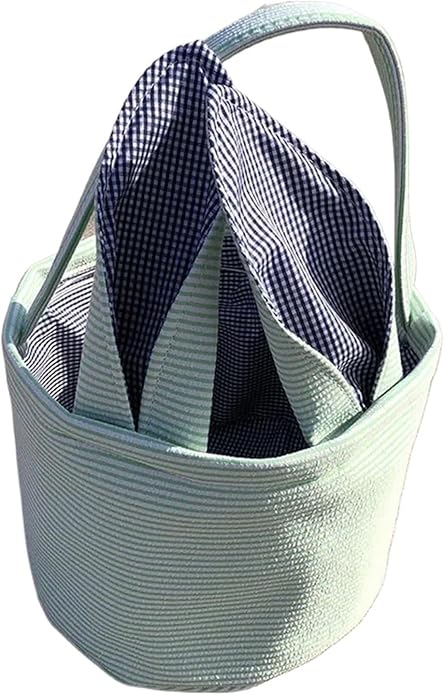 Personalized Seersucker Easter Basket with Gingham Bunny Ears - Custom Embroidered Canvas Basket