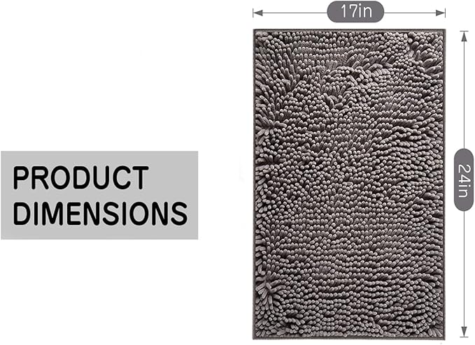 Gray Chenille Bathroom Rug 17"x24" Inch - Non Slip Absorbent Bath Mat for Shower, Quick Dry Machine Washable Floor Mats, Soft Plush