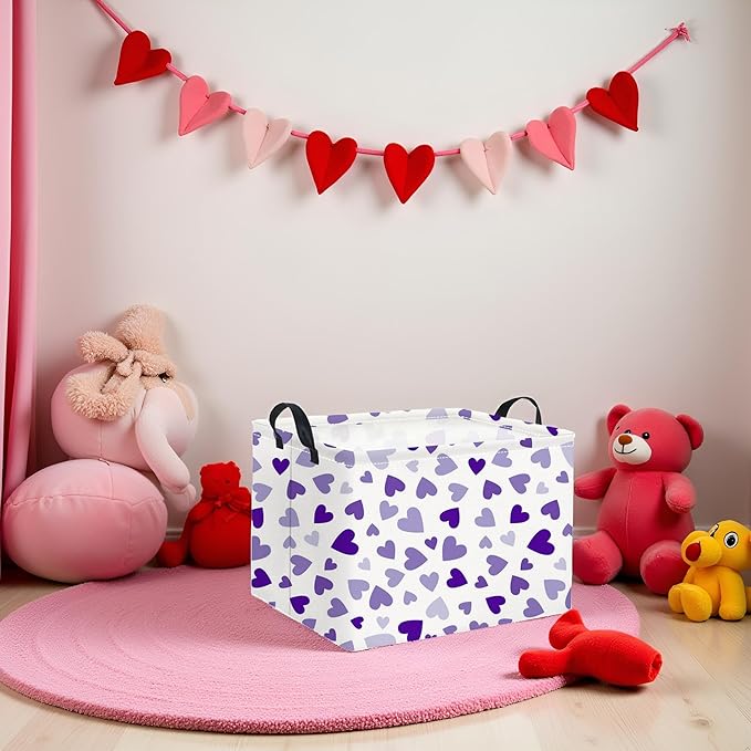HIYAGON Rectangular Valentines Basket Fabric Storage Bin Storage Boxes Collapsible Storage Basket for Clothes Books Shelves Basket(Light Purple Heart)