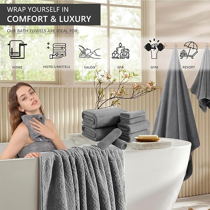 8 Piece Bath Towel Set Grey |2 Oversized Large Bath Sheet,2 Hand Towels,4 Washcloths| Ultra Soft Cozy Bath Towel Set for Bathroom Hotel Gym Spa,Highly Absorbent & Quick Dry Bathroom Towel Collections