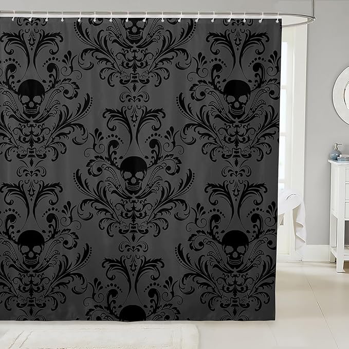Gothic Shower Curtain Set Black Damask Fabric Shower Curtain Antique Victorian Vintage Floral Exotic Sugar Skull Bathroom Decor 72"Wx72"L,Skeleton Boho Baroque Decor Housewarming Gift,Charcoal Grey