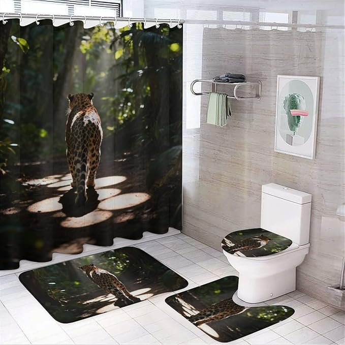 4 Piece Bathroom Rug Set with Shower Curtain, Non-Slip Bath Mat Toilet Cover Set, Cheetah Bathroom Rug Sets