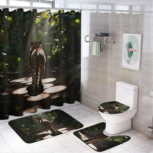 4 Piece Bathroom Rug Set with Shower Curtain, Non-Slip Bath Mat Toilet Cover Set, Cheetah Bathroom Rug Sets