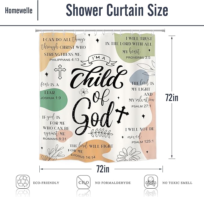 Homewelle Bible Verse Christian Shower Curtain Abstract Boho Inspirational Quotes Mid Century Minimalist Geometric Scripture Plant 72Wx72H Inch Simple Waterproof Polyester Fabric Bathroom Bathtub