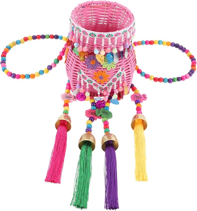 Boys and Girls Basket Weaving Tassel Backpack Ethnic Pack Basket Nursery Storage Boys and Girls