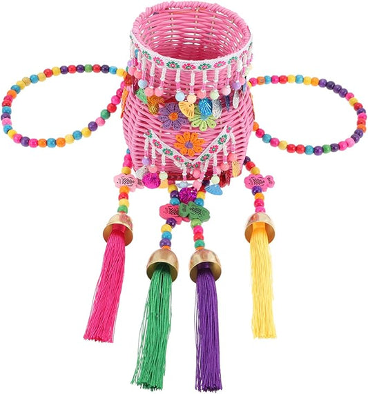 Boys and Girls Basket Weaving Tassel Backpack Ethnic Pack Basket Nursery Storage Boys and Girls