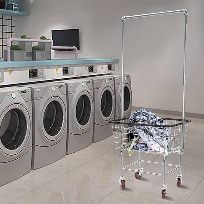 Laundry Cart,Steel Wire Laundry Cart,Laundry Basket With Wheels,Commercial Laundry Basket Cart Heavy Duty with Rod Rack 27x22x67in (A)