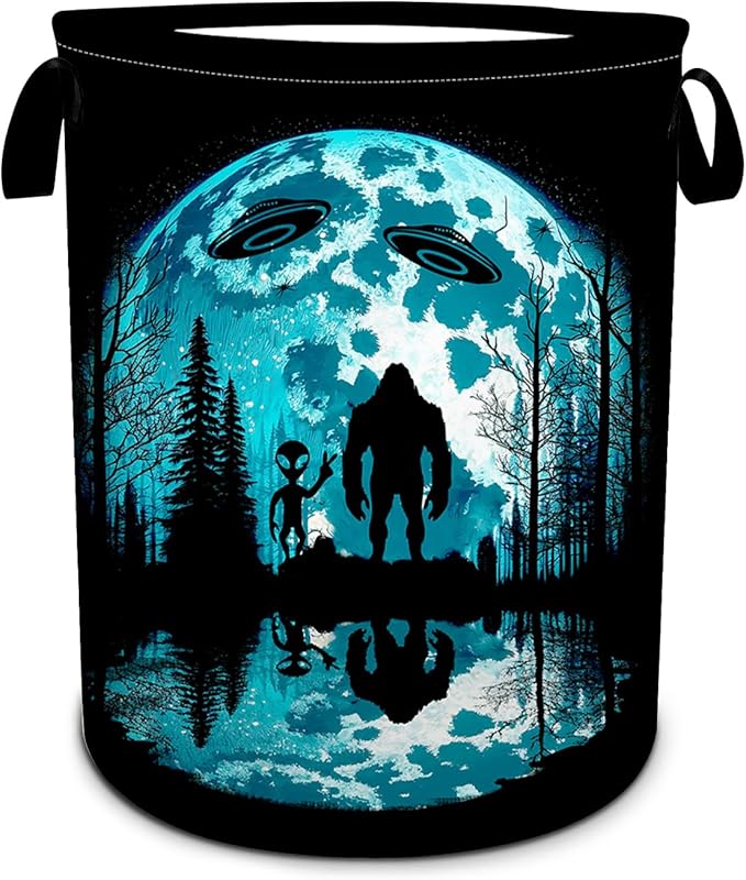 Bigfoot and Alien Laundry Basket, Moon Forest Laundry Hamper Foldable Waterproof Funny Tote Bag Dirty Clothes Storage Bucket Toy Organizer for Bathroom/Laundry/Bedroom 15.7"x19.6"
