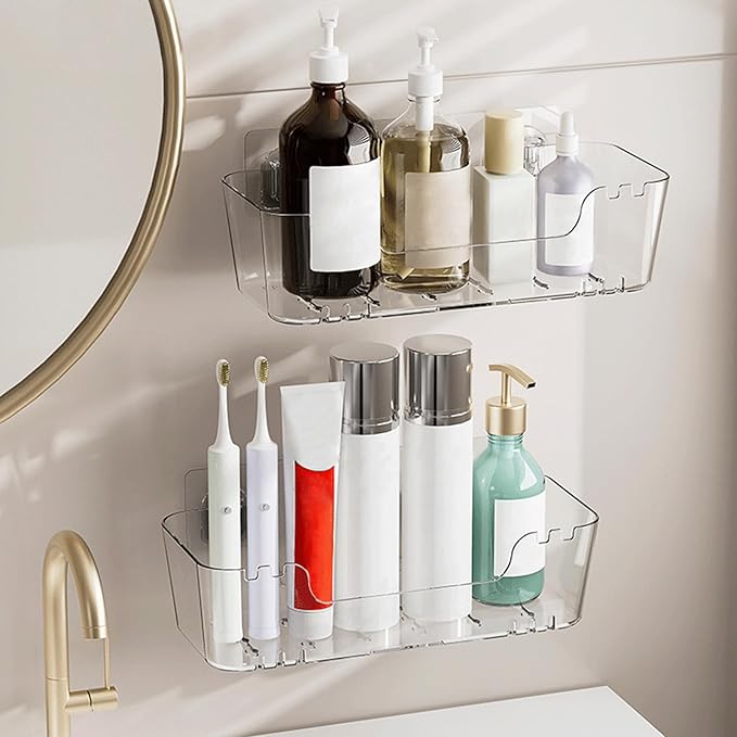 2 Pack Bath Toy Storage Holder - Large Capacity Suction Cup Shower Caddy, Clear Plastic Bathtub Toy Organizer with Drain Holes No Drill Wall Mount Baby Bath Toy Holder for Bathroom