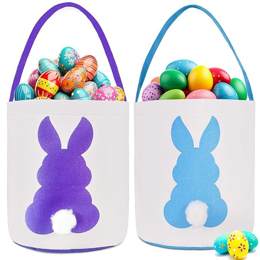 2 Pack Easter Bunny Baskets Bags for Kids, Easter Basket Bags, Easter Hunt Empty Basket with Handle,Canvas Rabbit Tote Bags Storage Buckets for Party Gifts,Easter Eggs (Purple-LightBlue)