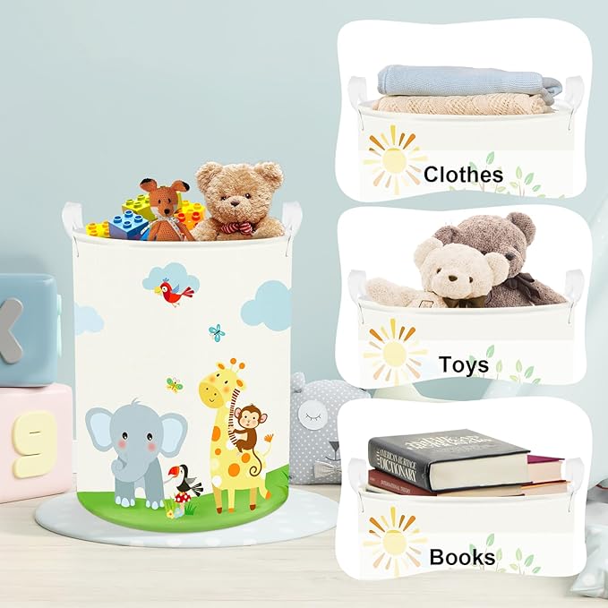 Clastyle 63L Large Jungle Animal Tree Kid Laundry Hamper with Handle Boy Girl Bedroom Bathroom Nursery Collapsible Clothes Toy Storage Basket with Lid