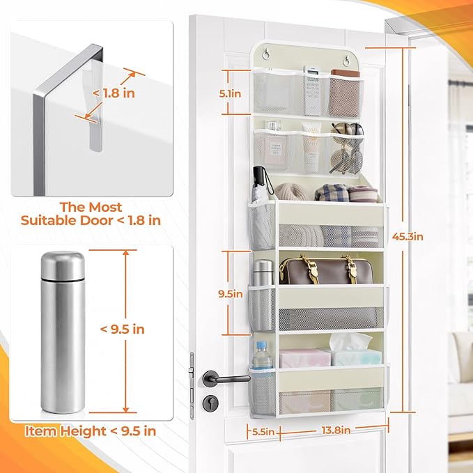 5-Tier Over The Door Organizer with Mesh Pockets, Baby Nursery Storage for Closet, Bathroom and Bedroom, Adjustable Hanging Closet Organizer for Cosmetics, Books and Essentials（Beige）