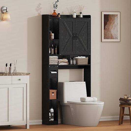 Over The Toilet Storage Cabinet, 31.1”W Bathroom Organizer with Double Doors, Above Toilet Rack, Detachable Toilet Paper Holder for Bathroom & Laundry Room Black