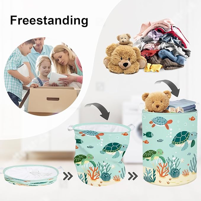 Sea Animals Laundry Hamper Ocean Fish Coral Large Storage Basket Parents Organizer Kids Clothes Toy Bins for Bedroom, Bathroom, Green Turtles, 63L