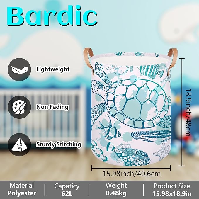 Large Laundry Hamper Basket Ocean Theme Round Freestanding Clothes Basket, Sea Turtle Collapsible Storage Organizer Bin with Leather Handles for Dirty Clothes Toys, Nursery Home Storage 16"W x 20"H