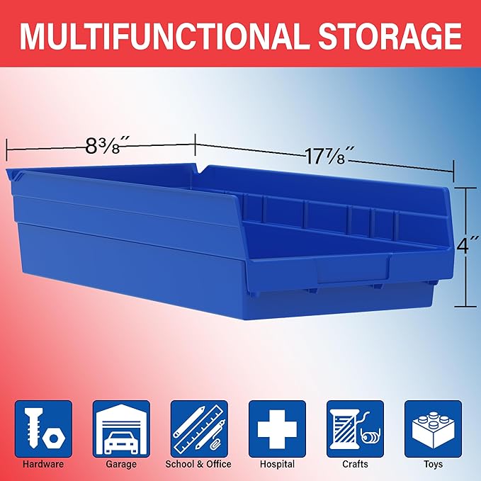 Akro-Mils 30158 Plastic Shelf Bins, Heavy Duty Storage Bins for Garage, Closet, and Drawer Organization, 18-Inch x 8-Inch x 4-Inch, Yellow, 12-Pack