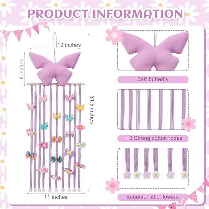 Long Bow Holder for Girls Baby Pink Purple Butterfly Hair Bows Clip Organizer 31.5 Inch Baby Hair Accessories Storage Display Hanging Decor for Girls Nursery Room Bedroom Living Room