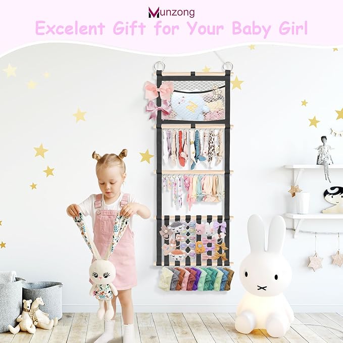 Munzong Headband Holder 52x17 inch, Black Bow Holder for Baby Girls,4 Tier Large Capacity Wall Hanging Headband Shelf w/Mesh Bag,Nursery Hair Accessories Organizer Display Rack for Toddler Kids Women