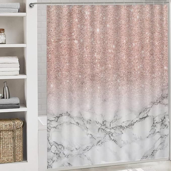 4 Piece Modern Rose Gold Pink Glitter White Marble Art Shower Curtain + Bath Room Rug Mat Set, Waterproof Spa Curtain Super Absorbent Bath Room Carpet