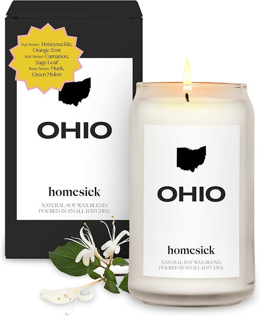 Homesick Scented Candles for Home (Ohio) - 13.75 oz Long-Lasting Soy Wax Jar Candle for Women & Men for All Occasions, 60-80 Hours Burn Time - Notes of Honeysuckle & Orange Zest