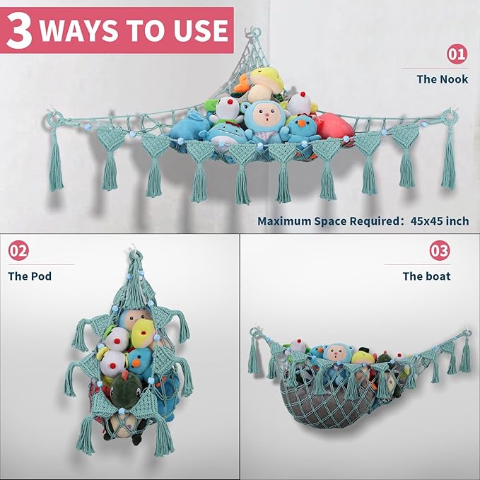 Stuffed Animal Storage Hammock Corner, 56'' Jumbo Boho Macrame Tassel Toy Holder Wall Mounted, Hanging Net Organizer for Nursery Decor, Aqua Plush Toy Net with Star Light for Boys Girls Gift