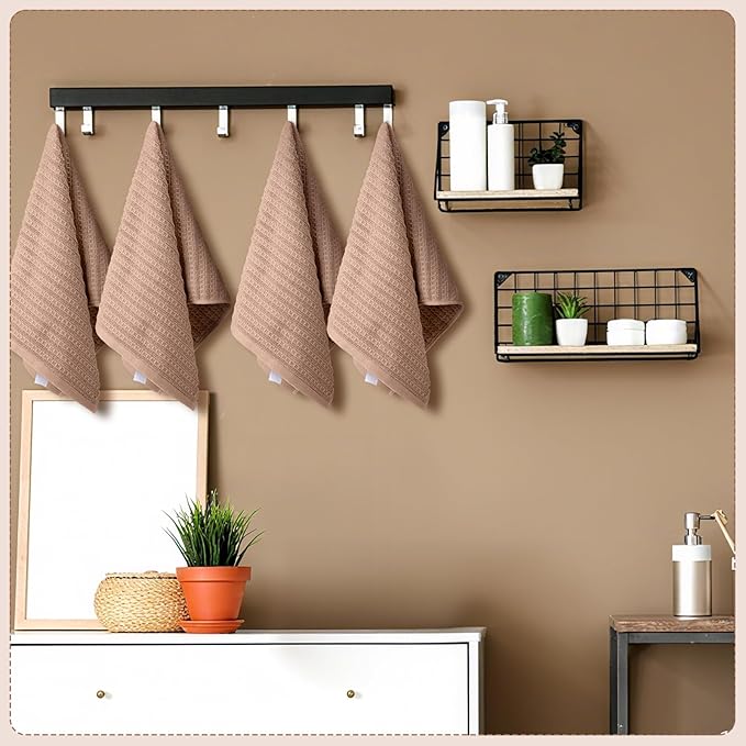 4 Pack Brown Hand Towels Waffle Striped Pattern 100% Cotton Soft Hand Towels for Bathroom 13 x 29 Inch Absorbent Waffle Washcloths for Bathroom Kitchen