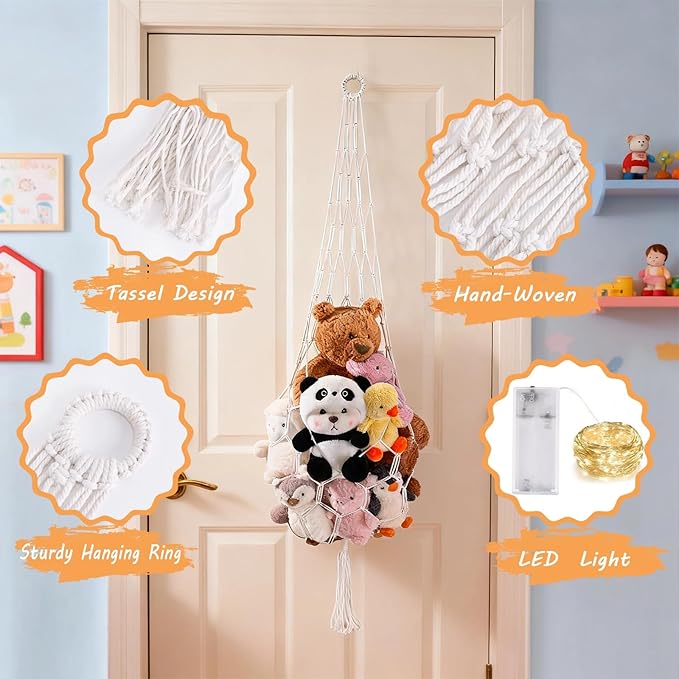 Stuffed Animal Hammock Corner Net Plushies Storage Hammock for Stuffed Animals Boho Room Decor Macrame Wall Decor with LED Light