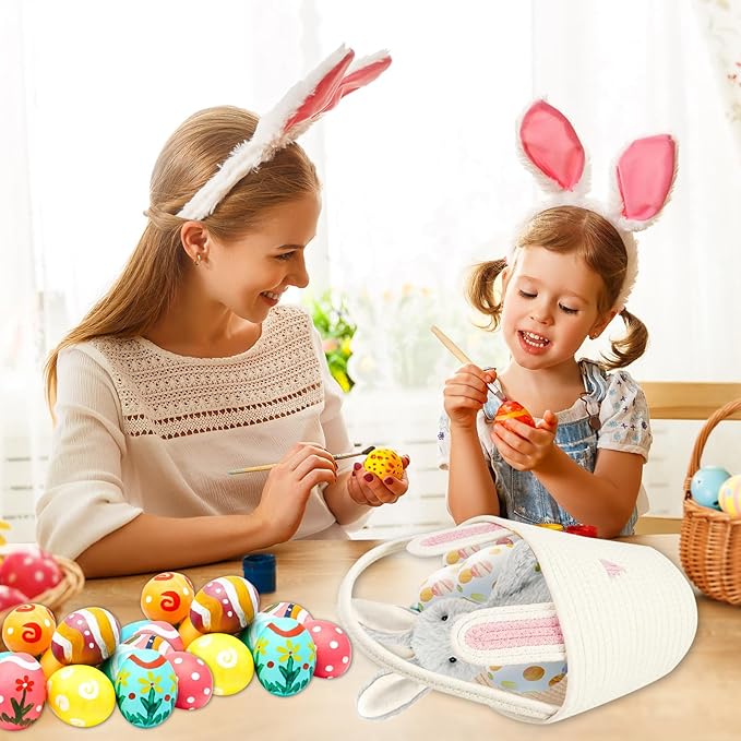 Easter Basket for kids Empty Bunny Egg Baskets With Handle And Ears Easter Gifts Cute Woven Basket (pink)