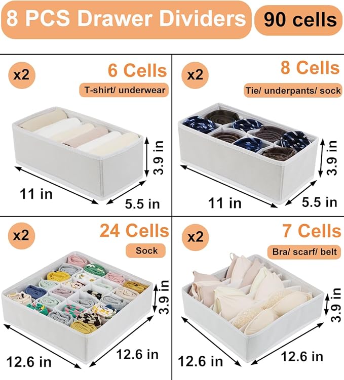 8 Packs Underwear Drawer Organizer Clothes, Foldable Bra Drawer Organizer Bins, 90 Cells Fabric Clothes Organizer Drawer Dividers for Socks, Ties, Bras, Baby Clothes, Nursery, Clothing (White)