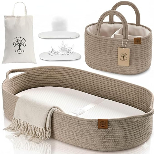 Baby Changing Basket Includes Diaper Caddy - Soft & Waterproof Dual-Cover, Portable, Changing Pad for Dresser & Changing Table, Gift for Baby Shower, Organic Cotton Rope