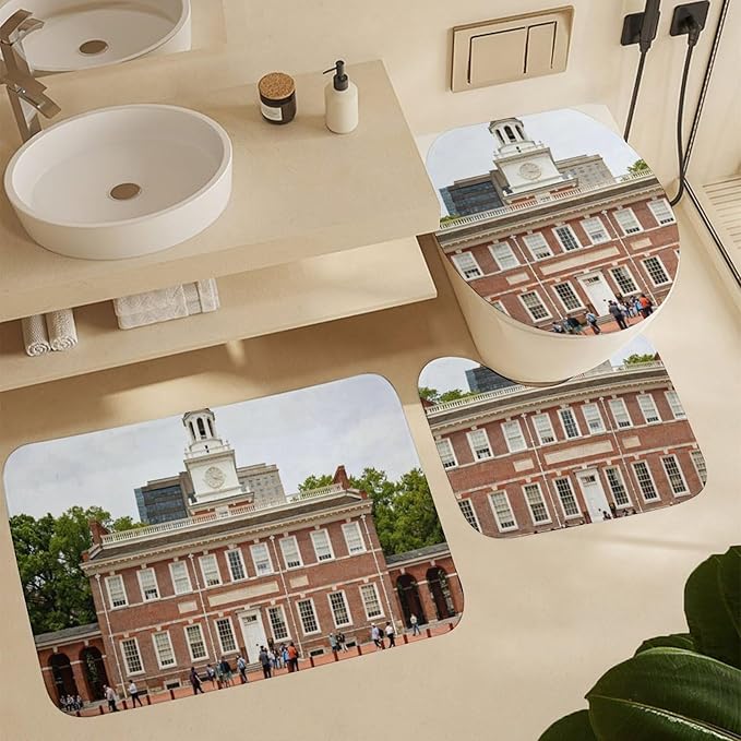 4 Piece Bathroom Rug Set with Shower Curtain, Non-Slip Bath Mat Toilet Cover Set, Independence Palace Bathroom Rug Sets