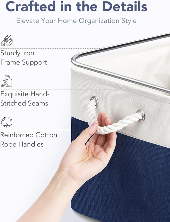 12x12 Storage Cube Bins, 6 Pack Reinforced Bottom Cardboard Foldable Box, Organizer for Closet Shelves, Heavy Home Storage Baskets (White Blue)