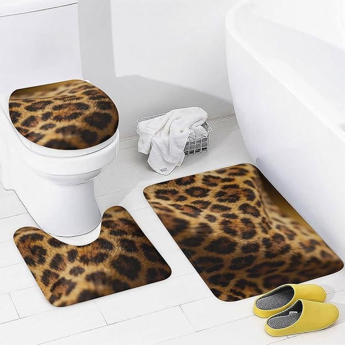 4 Piece Bathroom Rug Set with Shower Curtain, Non-Slip Bath Mat Toilet Cover Set, Leopard Print Bathroom Rug Sets