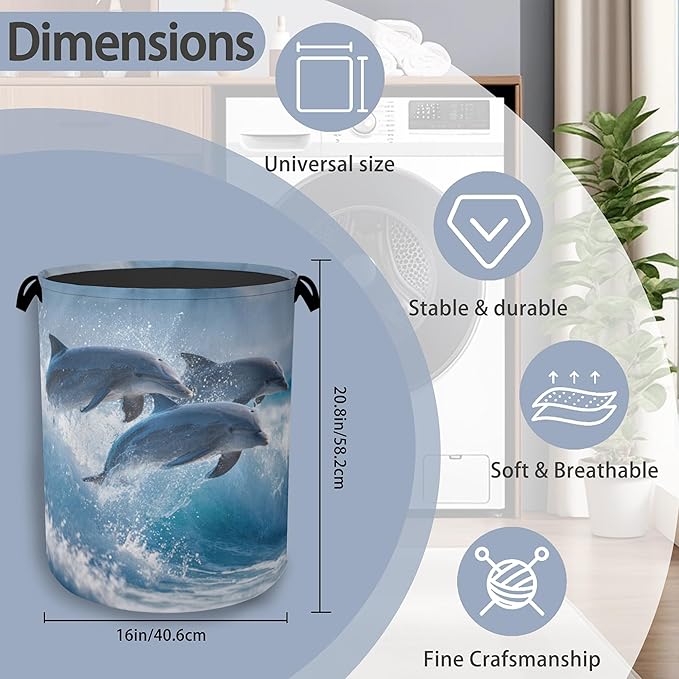 Dolphin Laundry Basket,Ocean Foldable Oxford Cloth Tote Bag Laundry Hamper Clothes Storage Bucket Organizer for Bedroom Laundry Storage Dormitories 16" x 20.8"