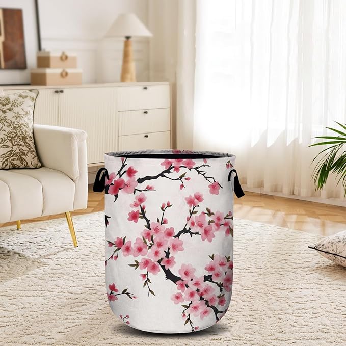 Japanese Cherry Blossom Tree Laundry Basket, Laundry Hamper Collapsible Oxford Cloth with Handle Clothes Toy Storage Bin for Bathroom Laundry Room Bedroom 15.7 X 20 Inch