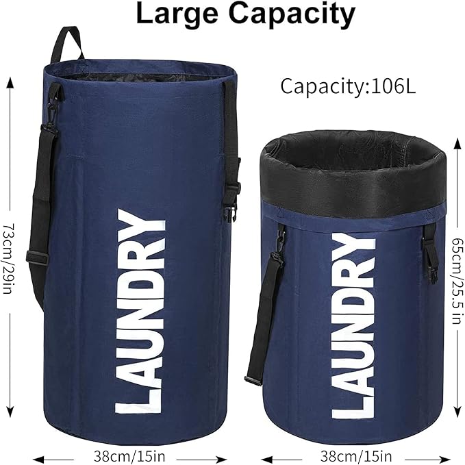 Chrislley 106L Extra Large Laundry Hamper with Drawstring Dorm Room Backpack Laundry Bag Collapsible Laundry Basket for College Students Travel Day Trip（Dark Blue）