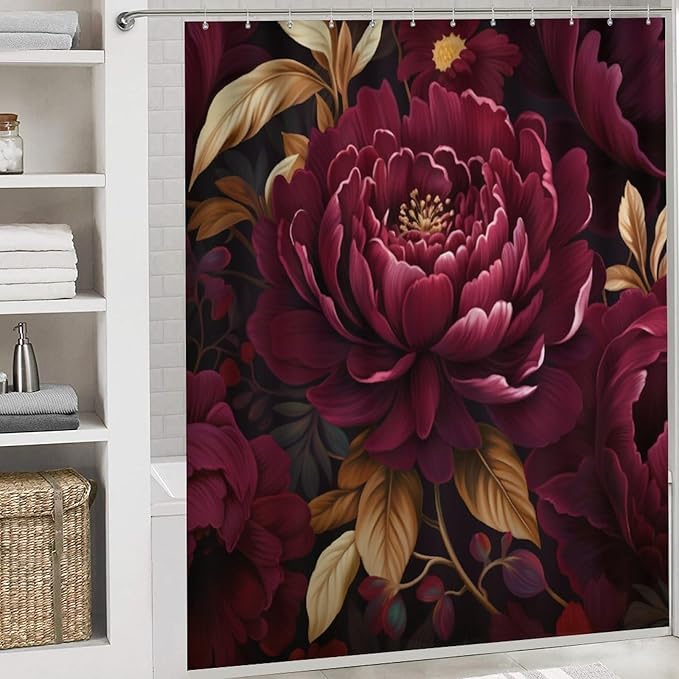 4 Pcs Shower Curtain Sets Bathroom Decor Set with Non-Slip Rugs Toilet Lid Cover and Bath Mat Elegant Burgundy Floral Durable and Waterproof Watercolor Boho Burgundy for Bathroom Decor Set