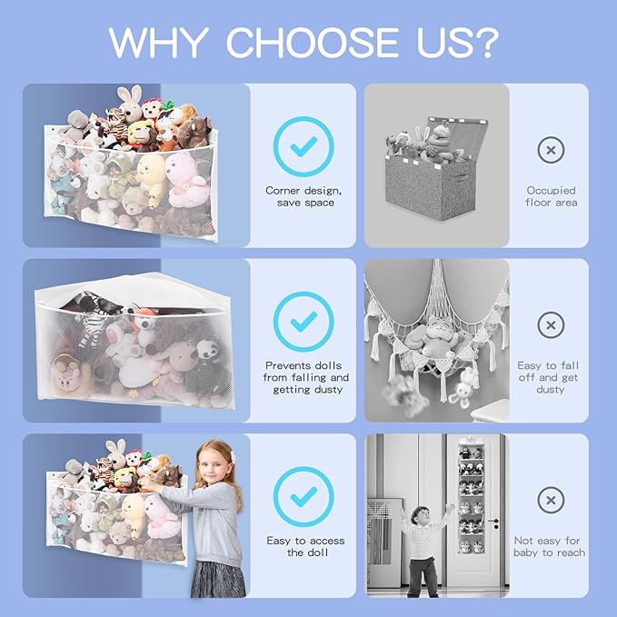 ANROYE 2PCS Large Corner Stuffed Animal Storage, Kids Plushies Toy White Wall Hammock for Girls Room, Baby Squishmallow Holder for Nursery, Organizer Idea for Bear Hanging Display Boy Gift