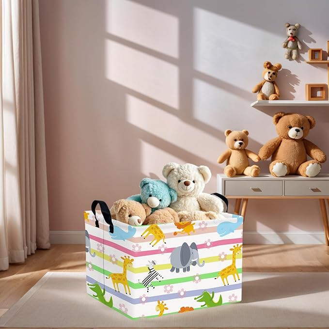 Cute Rectangle Woodland Animal Baby Girl Basket Nursery Playroom Bedroom Decor Clothes Toy Basket (Colorful Animals)