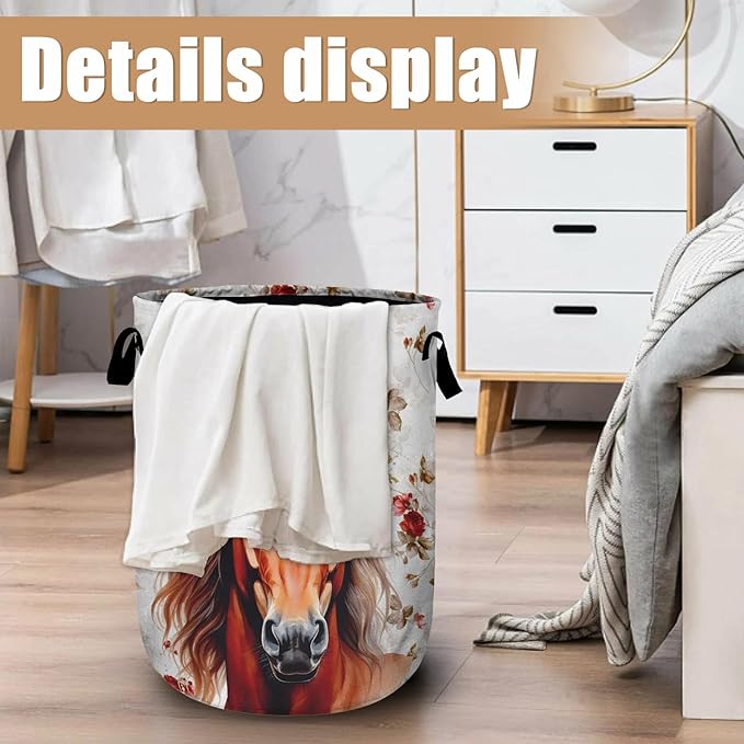 Watercolor Horse Laundry Basket, Foldable Waterproof Animals Floral Laundry Hamper Tote Bag Dirty Clothes Storage Bucket Toy Organizer for Bathroom/Laundry/Bedroom 15.7"x19.6"