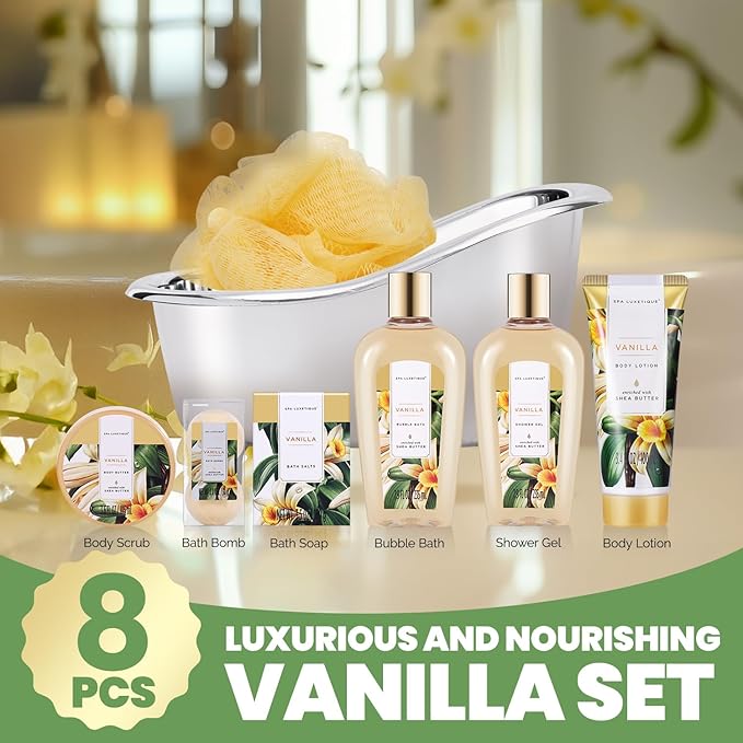 Gifts for Women, Spa Luxetique Spa Gift Baskets for Women, 8 Pcs Vanilla Bath Gift Sets, Vanilla Gift Baskets, Valentine's Day Gifts