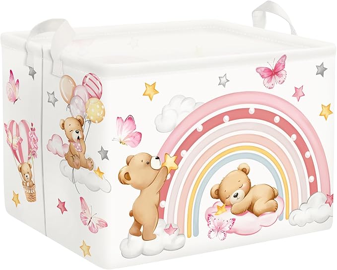 Clastyle Rainbow Baby Laundry Hamper Cloud Kid Storage Basket Women Girl Gift Toy Box Collapsible Clothes Organizer Nursery Bin for Bedroom,Bear,40 * 30 * 30 cm