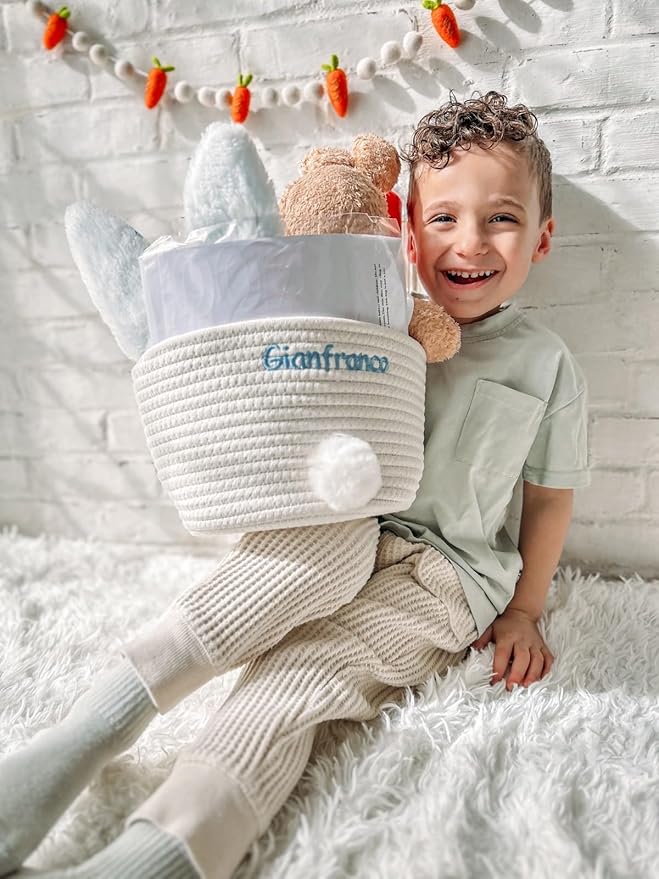 Personalized Easter Bunny Rope Basket (Blue)