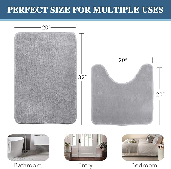 H.VERSAILTEX Bath Mat Memory Foam Set Bathroom Rug Set Flannel Velvety Bath Mat Luxury Extra Soft and Absorbent Non Slip Rugs for Bathroom/Bedroom Washable(Curved Set 20"x 32" Plus 20"x 20"U, Grey)