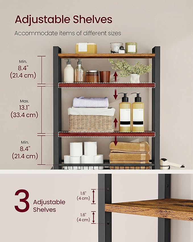 VASAGLE Over The Toilet Storage, Over Toilet Bathroom Organizer with Adjustable Shelves and Basket, 3 Hooks, Space Saving, 9.4 x 23.6 x 68.1 Inches, Rustic Brown UBTS114KD01S
