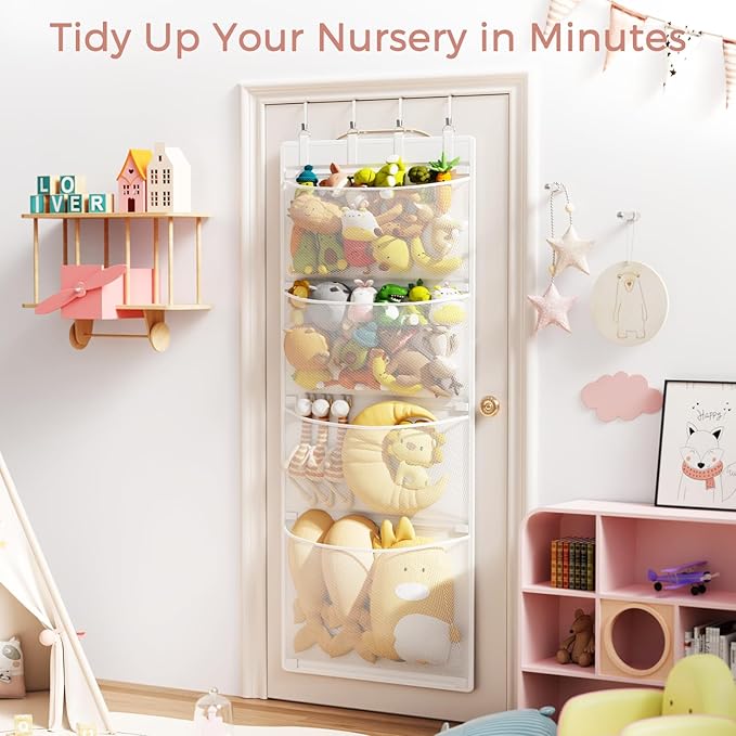 Criusia Stuffed Animal Storage, Over The Door Organizer with 4 Mesh Pockets, Toy Organizers and Storage for Nursery, Baby Supplies, Hanging Door Organizer for Kids Room & Playroom Organization, White