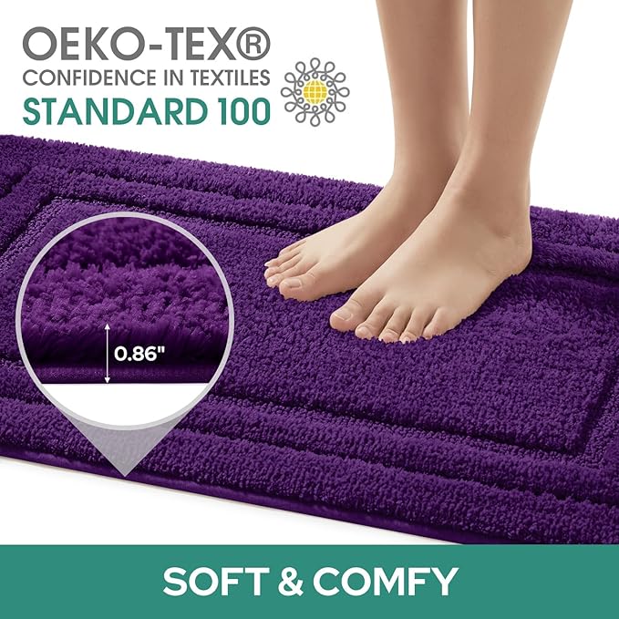 HOMEIDEAS Bathroom Rugs Sets 3 Piece, Super Soft and Absorbent Non Slip Microfiber Toilet Bath Mat with U-Shaped (Purple)