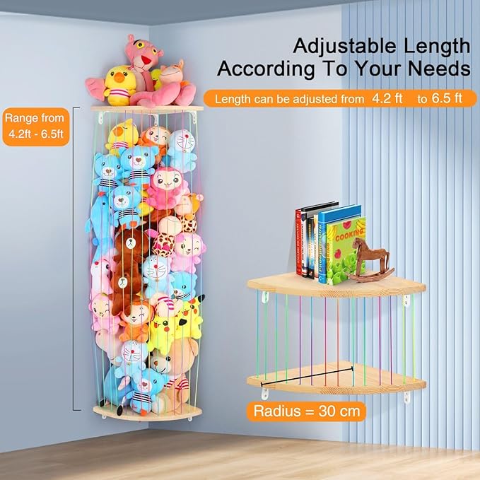 Stuffed Animal Storage, Wood Soft Toy Shelf with Adjustable Length Nursery Toy Organizer Hammock, Hanging Corner Net Stuff Animal Holder Zoo,Plush Toy Organizer for Play Room Bedroom Kids Room Décor