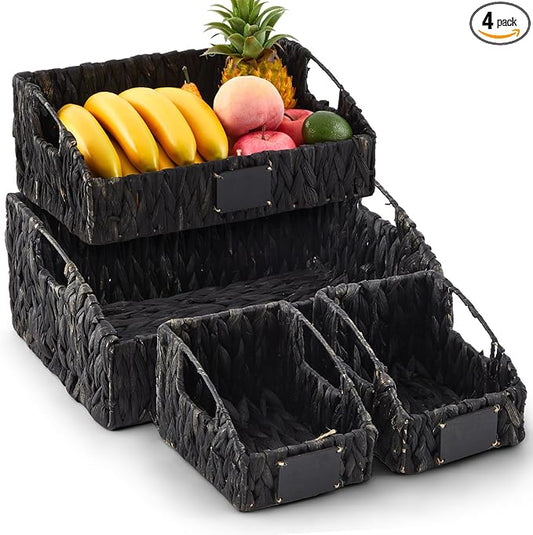 4 Pcs Natural Storage Baskets Set Stackable Handwoven Wicker Storage Bins with Chalkboard Label Built-in Handles Woven Container Basket Kitchen Baskets for Shelves(Black)